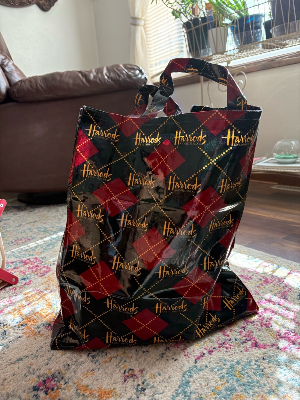 Harrods Black, Red & Green Plaid Logo Shopper